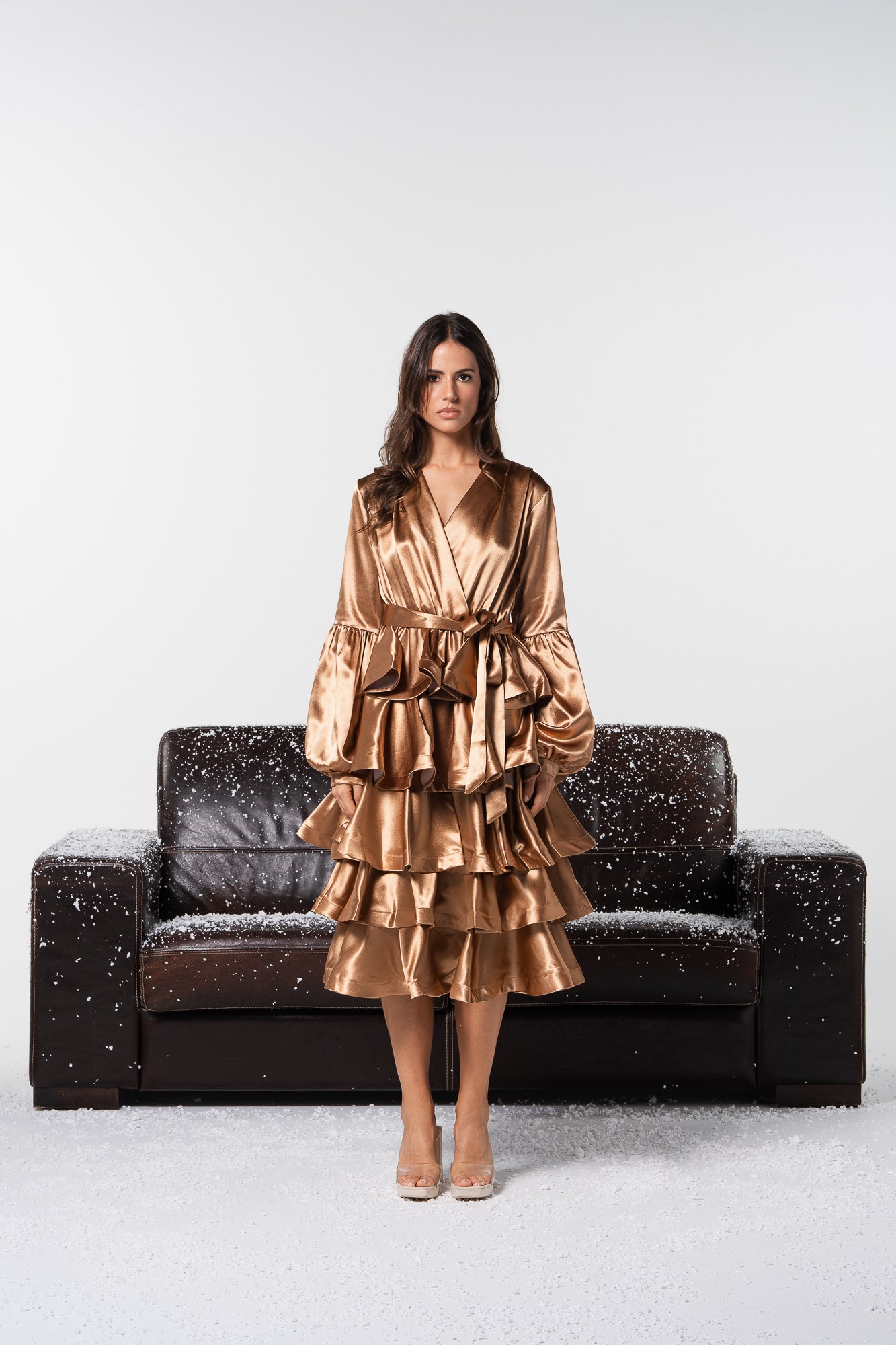 Golden Midi Dress with Ruffles